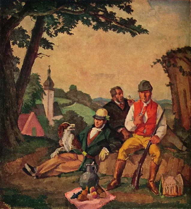 Framed Print : The Hunting Picnic, c1926. Artist: Alfred Hagel Framed Print : The Hunting Picnic, c1926. Artist: Alfred Hagel