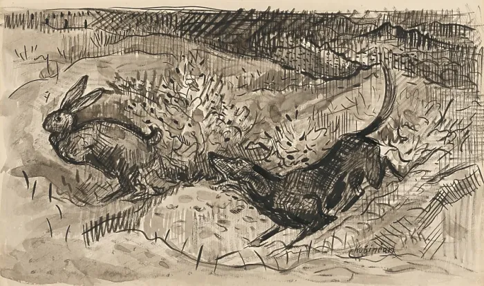 Framed Print : Hunting scene (Hare and dog), 1930-1939. Creator: Arnold Peter Weisz-Kubincan