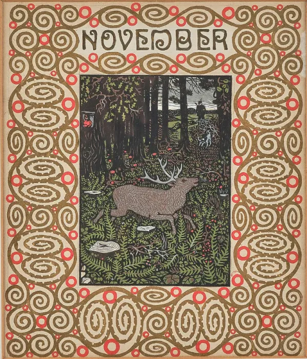 Framed Print : Hunting scene. Monthly newsletter: November. Creator: Krenek, Carl (1880-1949) Framed Print : Hunting scene. Monthly newsletter: November. Creator: Krenek, Carl (1880-1949)