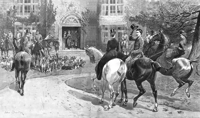 Framed Print : The Hunting Season - A Meet at the Old Hall, 1886. Creator: Unknown Framed Print : The Hunting Season - A Meet at the Old Hall, 1886. Creator: Unknown