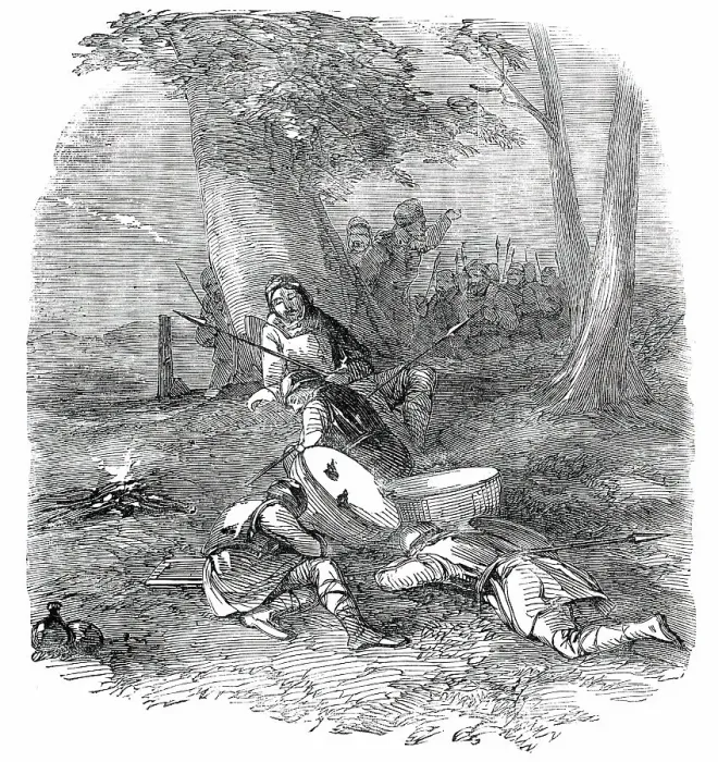 Framed Print : Hunting the Wren at Christmas - Origin of Hunting the Wren - the Bird Awakening the Danes, 1850. Creator: Unknown Framed Print : Hunting the Wren at Christmas - Origin of Hunting the Wren - the Bird Awakening the Danes, 1850. Creator: Unknown