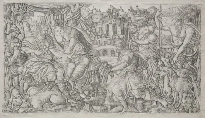 Framed Print : Huntsman Presenting a Gift to a King. Creator: Jean Duvet (French, 1485-1561)