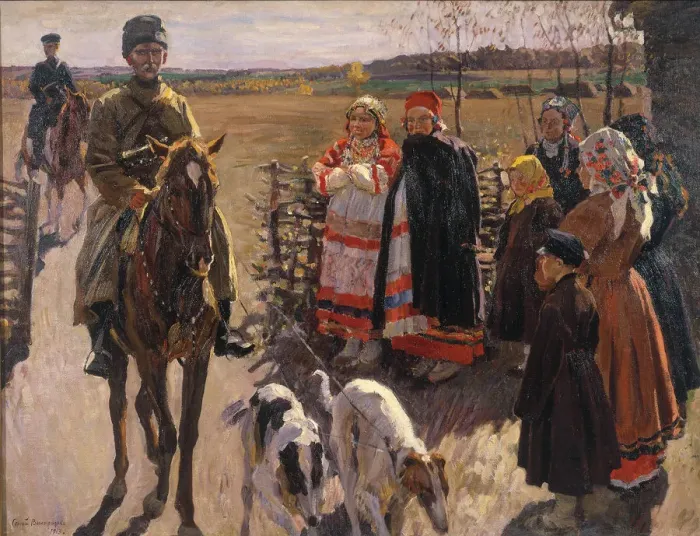 Framed Print : Huntsmen with Borzois, 1913. Artist: Vinogradov, Sergei Arsenyevich (1869-1938) Framed Print : Huntsmen with Borzois, 1913. Artist: Vinogradov, Sergei Arsenyevich (1869-1938)