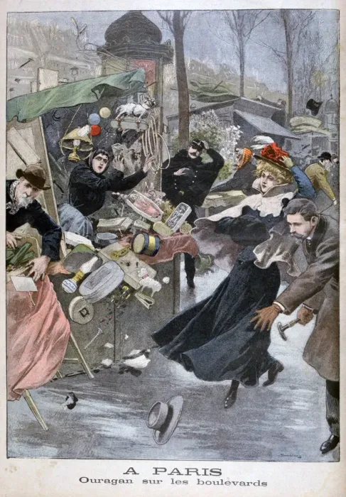 Framed Print : Hurricane on the boulevards, Paris, 1900. Artist: Eugene Damblans Framed Print : Hurricane on the boulevards, Paris, 1900. Artist: Eugene Damblans
