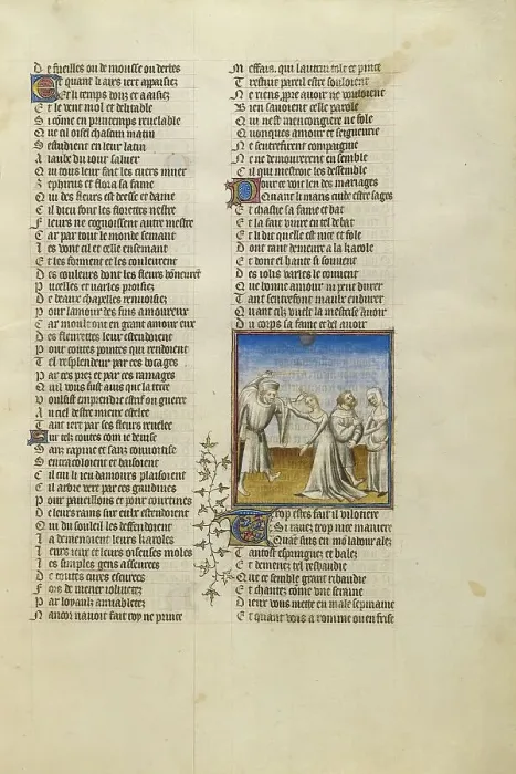 Framed Print : A Husband Beating his Wife with a Stick; Roman de la Rose, about 1405. Creator: Unknown Framed Print : A Husband Beating his Wife with a Stick; Roman de la Rose, about 1405. Creator: Unknown