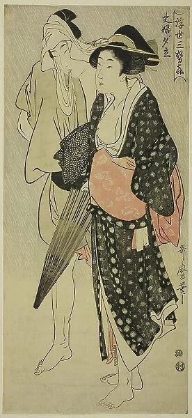 Husband and Wife Caught in an Evening Shower (Fufu no Yudachi), from the series 'Three... c. 1800. Creator: Kitagawa Utamaro. Husband and Wife Caught in an Evening Shower (Fufu no Yudachi), from the series 'Three... c. 1800