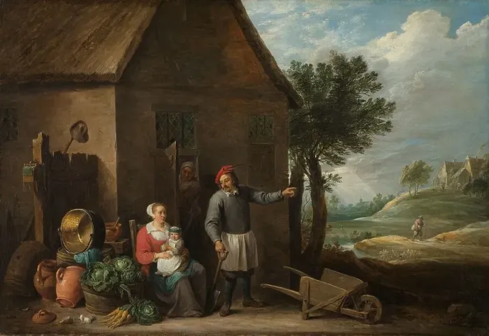 Framed Print : Husbandman at a Cottage Door with a Seated Woman and Child, c.1650-c.1655. Creator: David Teniers II Framed Print : Husbandman at a Cottage Door with a Seated Woman and Child, c.1650-c.1655. Creator: David Teniers II