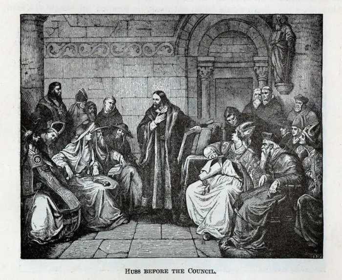 Framed Print : Huss before the Council, 1882. Artist: Anonymous