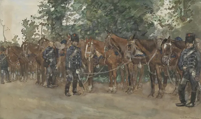 Framed Print : Hussars standing next to their horses by the side of the road, c.1867-c.1923. Creator: George Hendrik Breitner Framed Print : Hussars standing next to their horses by the side of the road, c.1867-c.1923. Creator: George Hendrik Breitner