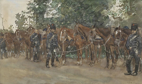 Hussars standing next to their horses by the side of the road, c.1867-c.1923. Creator: George Hendrik Breitner