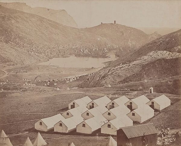 Hutted Camp with Balaclava Harbor in Distance, 1855-1856. Creator: James Robertson