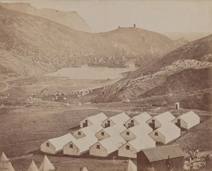 Framed Print : Hutted Camp with Balaclava Harbor in Distance, 1855-1856. Creator: James Robertson Framed Print : Hutted Camp with Balaclava Harbor in Distance, 1855-1856. Creator: James Robertson