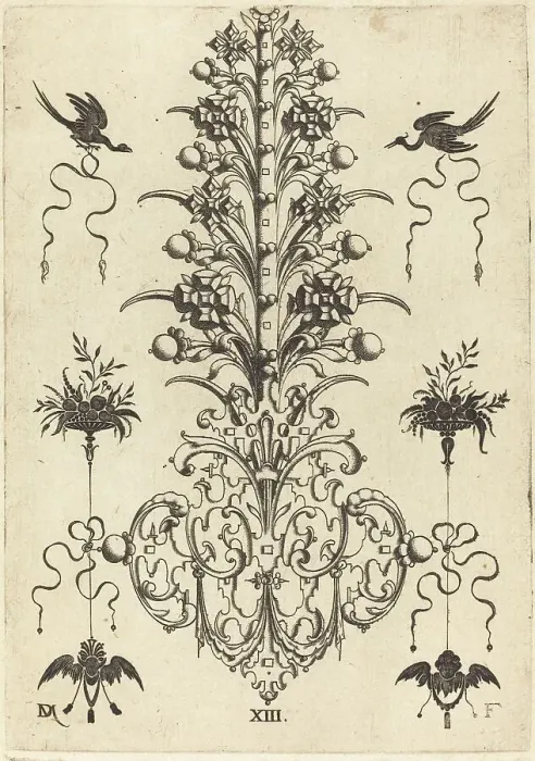 Framed Print : Hyacinth-Shaped Brooch with Birds at Top and Devil's- and Angel's-Head at Bottom, 1596. Creator: Daniel Mignot Framed Print : Hyacinth-Shaped Brooch with Birds at Top and Devil's- and Angel's-Head at Bottom, 1596. Creator: Daniel Mignot