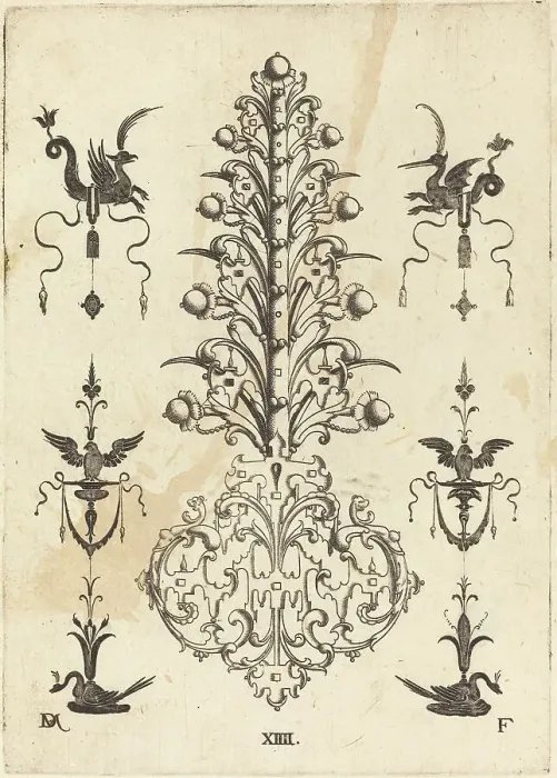Framed Print : Hyacinth-Shaped Brooch with Winged Animals at Top and Crouching Swans at Bottom, 1596. Creator: Daniel Mignot Framed Print : Hyacinth-Shaped Brooch with Winged Animals at Top and Crouching Swans at Bottom, 1596. Creator: Daniel Mignot