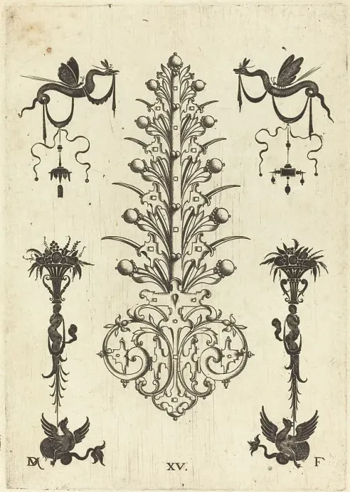 Framed Print : Hyacinth-Shaped Brooch with Winged Snakes at Top and Winged Animals at Bottom, 1596. Creator: Daniel Mignot Framed Print : Hyacinth-Shaped Brooch with Winged Snakes at Top and Winged Animals at Bottom, 1596. Creator: Daniel Mignot