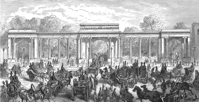 Framed Print : Hyde Park Corner - Piccadilly Entrance, 1872. Creator: Gustave Doré Framed Print : Hyde Park Corner - Piccadilly Entrance, 1872. Creator: Gustave Doré