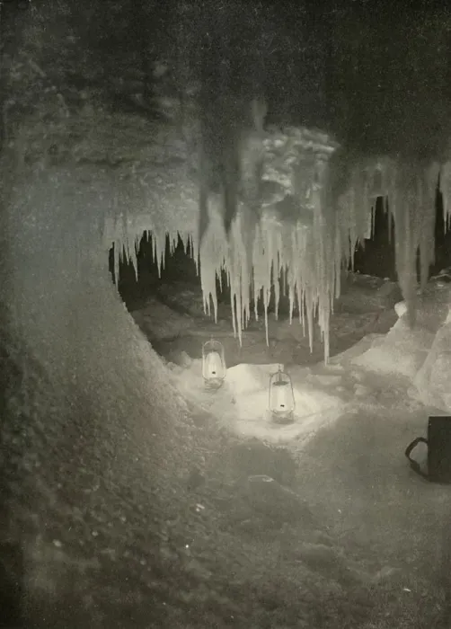 Framed Print : An Ice Cavern in the Winter. Photographed by the Light of Hurricane Lamps, c1908, (1909) Framed Print : An Ice Cavern in the Winter. Photographed by the Light of Hurricane Lamps, c1908, (1909)
