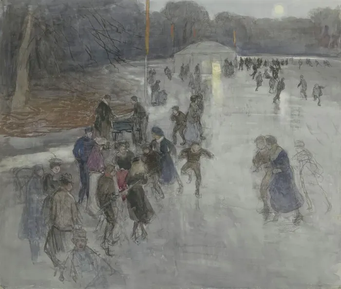 Framed Print : Ice entertainment by moonlight, on a frozen pond in Bosch in The Hague, 1874-1927. Creator: Johan Antonie de Jonge Framed Print : Ice entertainment by moonlight, on a frozen pond in Bosch in The Hague, 1874-1927. Creator: Johan Antonie de Jonge