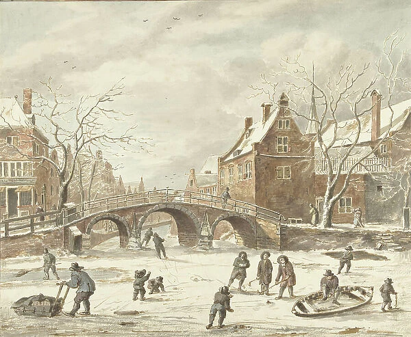 Ice fun on the corner of Spui and Nieuwezijds Voorburgwal, 1773-1838. Creators: Anthonie van den Bos, Jan van Kessel