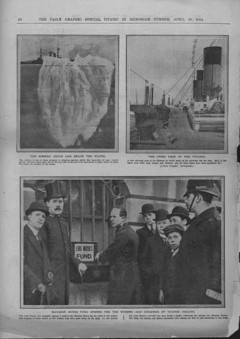 Framed Print : Iceberg, upper deck of the Titanic, and Mansion House fund, April 20, 1912. Creator: Unknown Framed Print : Iceberg, upper deck of the Titanic, and Mansion House fund, April 20, 1912. Creator: Unknown