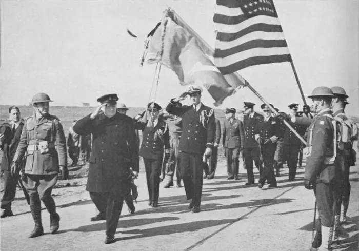 Framed Print : Iceland visit. Churchill - with Ensign Franklin D. Roosevelt Jnr. following - saluting the Stars an Framed Print : Iceland visit. Churchill - with Ensign Franklin D. Roosevelt Jnr. following - saluting the Stars an