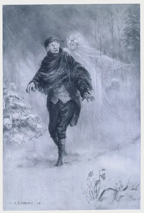 Framed Print : Ichabod Crane imagining a phantom at his shoulder, 1899. Creator: Frederick Simpson Coburn Framed Print : Ichabod Crane imagining a phantom at his shoulder, 1899. Creator: Frederick Simpson Coburn