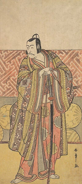 Ichikawa Danjuro V as Kudo Suketsune, Richly Attired, Leaning on His Sword, late 18th century. Creator: Shunsho