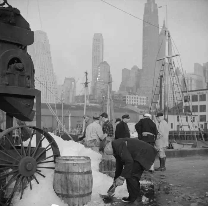 Framed Print : Icing barrels of fish at the Fulton fish market, New York, 1943. Creator: Gordon Parks Framed Print : Icing barrels of fish at the Fulton fish market, New York, 1943. Creator: Gordon Parks