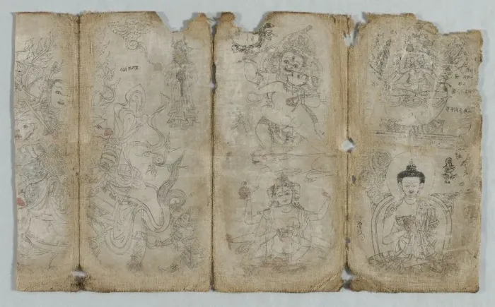 Framed Print : Iconographic Drawing: Vaishravana, Yama, Vsnisavijaya, Tara and Buddha (recto), c