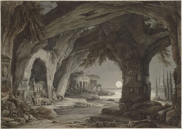 Ideal landscape with rock grotto, tombs and ruins in the moonlight, c. 1790. Creator: Kobell