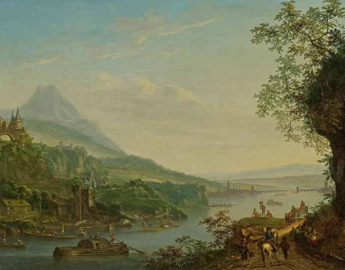 Framed Print : Ideal river landscape with a view of Frankfurt, 1729. Creator: Chalon, Louis (1687-1741) Framed Print : Ideal river landscape with a view of Frankfurt, 1729. Creator: Chalon, Louis (1687-1741)