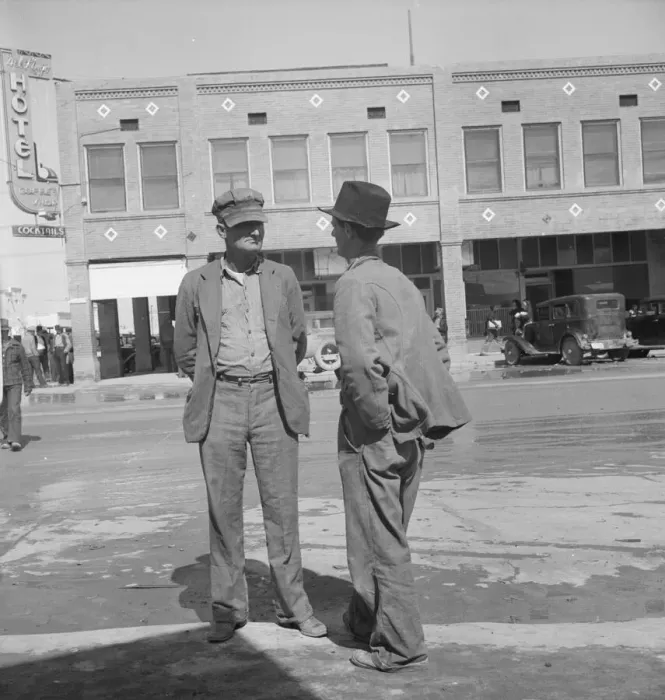 Framed Print : Idle pea pickers discuss prospects for work, Calipatria, Imperial Valley, CA, 1939. Creator: Dorothea Lange Framed Print : Idle pea pickers discuss prospects for work, Calipatria, Imperial Valley, CA, 1939. Creator: Dorothea Lange