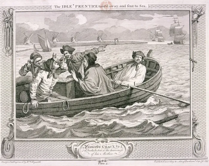 Framed Print : The idle prentice turn d away and sent to sea, plate V of Industry and Idleness, 1747 Framed Print : The idle prentice turn d away and sent to sea, plate V of Industry and Idleness, 1747