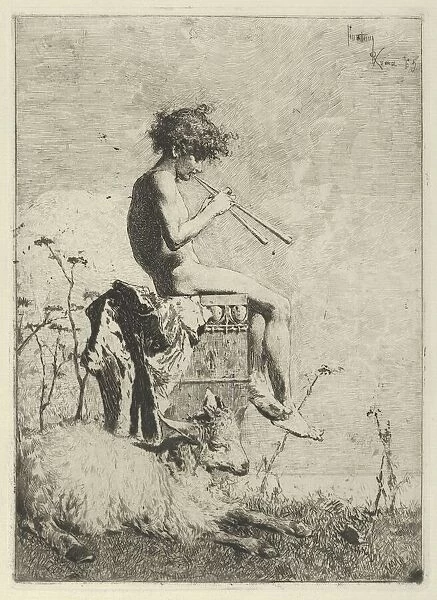 Idyll: a naked youth seated outdoors on a plinth playing a double flute, a goat on the gro... 1865. Creator: Mariano Jose Maria Bernardo Fortuny y Carbo