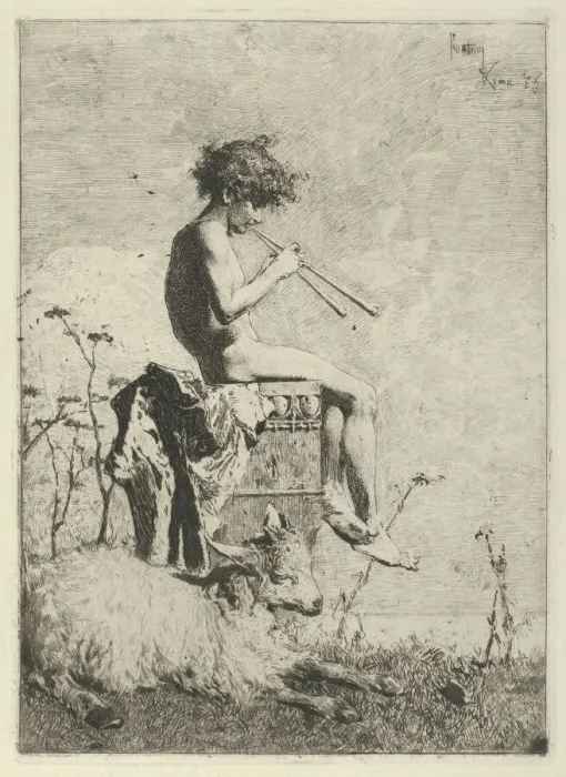 Framed Print : Idyll: a naked youth seated outdoors on a plinth playing a double flute, a goat on the gro... 1865. Creator: Mariano Jose Maria Bernardo Fortuny y Carbo Framed Print : Idyll: a naked youth seated outdoors on a plinth playing a double flute, a goat on the gro... 1865. Creator: Mariano Jose Maria Bernardo Fortuny y Carbo