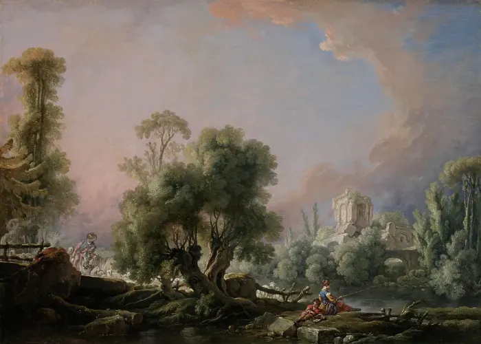 Framed Print : Idyllic Landscape with Woman Fishing, 1761. Creator: Francois Boucher Framed Print : Idyllic Landscape with Woman Fishing, 1761. Creator: Francois Boucher