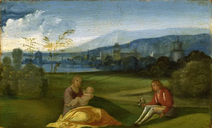 Framed Print : Idyllic pastoral landscape, Late 15th cen. Artist: Giorgione (1476-1510) Framed Print : Idyllic pastoral landscape, Late 15th cen. Artist: Giorgione (1476-1510)