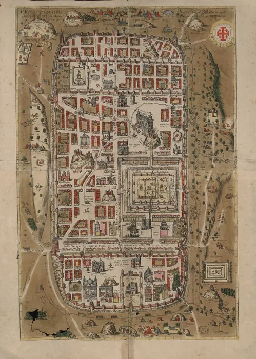 Framed Print : Ierusalem, et suburbia eius. Map of Jerusalem in Civitates Orbis Terrarum, 1584. Creator: Adrichem, Christian Kruik van (1533-1585) Framed Print : Ierusalem, et suburbia eius. Map of Jerusalem in Civitates Orbis Terrarum, 1584. Creator: Adrichem, Christian Kruik van (1533-1585)