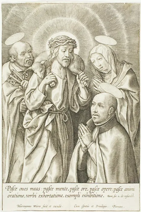 Framed Print : Ignatius of Loyola kneeling before Christ, the Virgin and St Peter, n.d. Creator: Jan Wierix Framed Print : Ignatius of Loyola kneeling before Christ, the Virgin and St Peter, n.d. Creator: Jan Wierix