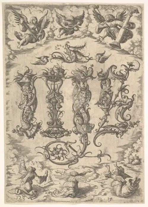 Framed Print : IHS Monogram surrounded by Six Angels, ca. 1485-1536. Creator: Daniel Hopfer Framed Print : IHS Monogram surrounded by Six Angels, ca. 1485-1536. Creator: Daniel Hopfer