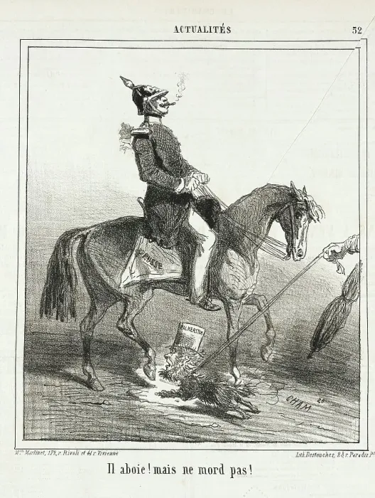 Framed Print : Il Aboie! Mais il ne mord pas!, 1864. Creator: Cham Framed Print : Il Aboie! Mais il ne mord pas!, 1864. Creator: Cham