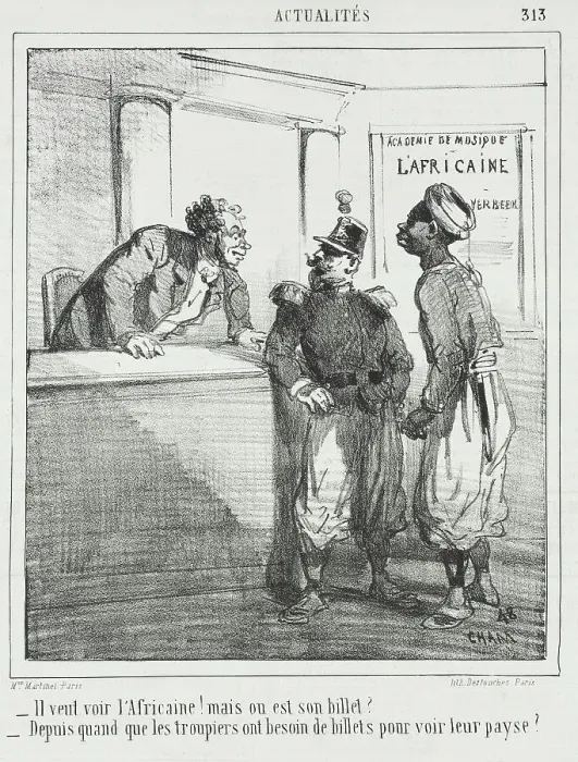 Framed Print : Il veut voir l'Africaine! mais ou est son billet? -Depuis quand que les troupiers ont... 1865. Creator: Cham Framed Print : Il veut voir l'Africaine! mais ou est son billet? -Depuis quand que les troupiers ont... 1865. Creator: Cham