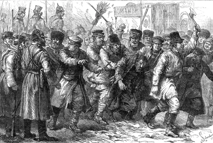 Framed Print : Ill-treatment of the Jews in Russia: assault on a Jew in the presence of the military at Kiev, 1881. Creator: Schombeer Framed Print : Ill-treatment of the Jews in Russia: assault on a Jew in the presence of the military at Kiev, 1881. Creator: Schombeer