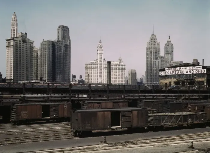Framed Print : Illinois Central R. R. freight cars at the South Water Street freight terminal, Chicago, Ill, 1943. Creator: Jack Delano Framed Print : Illinois Central R. R. freight cars at the South Water Street freight terminal, Chicago, Ill, 1943. Creator: Jack Delano