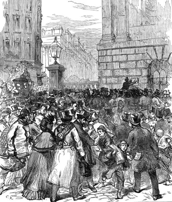 Framed Print : Illness of the Prince of Wales: posting the bulletin at the Mansion House, 1871. Creator: Unknown Framed Print : Illness of the Prince of Wales: posting the bulletin at the Mansion House, 1871. Creator: Unknown