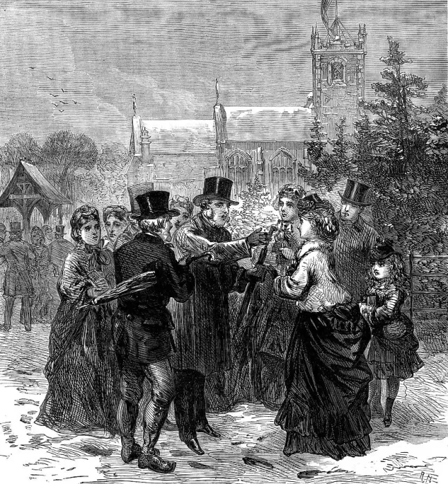 Framed Print : Illness of the Prince of Wales - Sandringham Church, Sunday, Dec. 10: anxious inquiries, 1871. Creator: Unknown