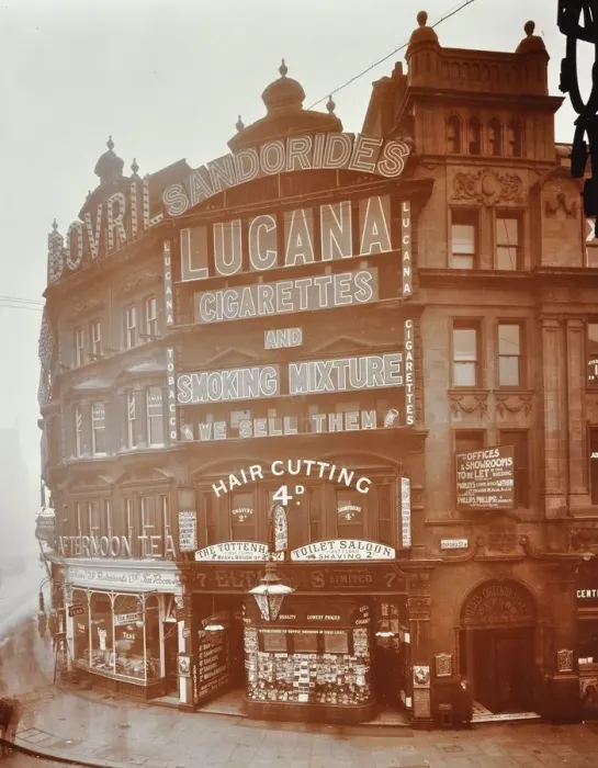 Framed Print : Illuminated advertisements on shop fronts at 7, Oxford Street, London, 1909 Framed Print : Illuminated advertisements on shop fronts at 7, Oxford Street, London, 1909