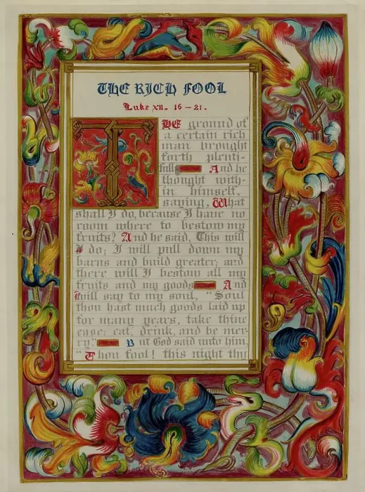 Framed Print : Illuminated Parable: The Rich Fool, c. 1936. Creators: Robert Stewart, James Gross Framed Print : Illuminated Parable: The Rich Fool, c. 1936. Creators: Robert Stewart, James Gross