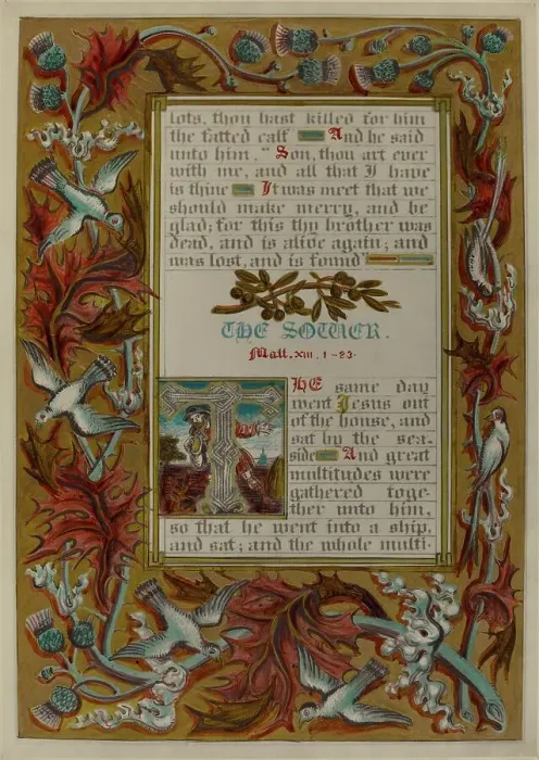 Framed Print : Illuminated Parable: The Sower, c. 1936. Creators: Robert Stewart, James Gross Framed Print : Illuminated Parable: The Sower, c. 1936. Creators: Robert Stewart, James Gross