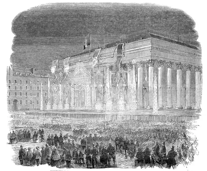 Framed Print : Illumination of the Bourse, at Paris, in Honour of the Birth of the Prince Imperial, 1856. Creator: Unknown Framed Print : Illumination of the Bourse, at Paris, in Honour of the Birth of the Prince Imperial, 1856. Creator: Unknown